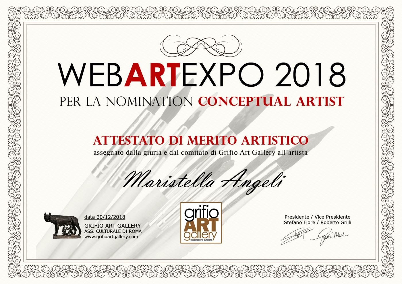 Maristella Angeli riceve l’Attestato di Merito Artistico “WebArtExpo 2018” 