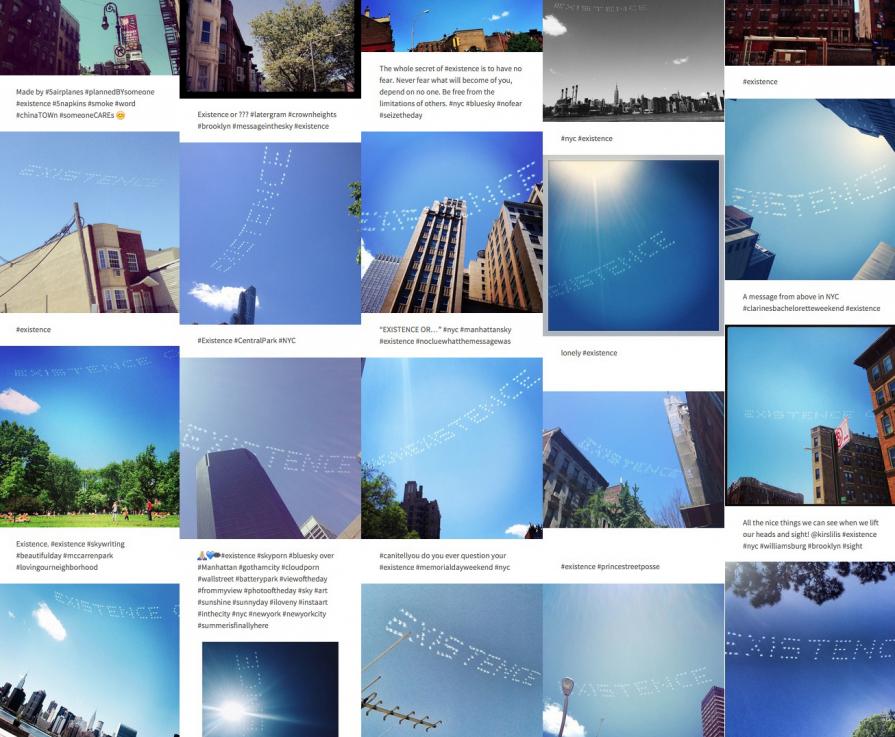 'Existence or Nonexistence', from the project 'Severe Clear'; skywriting images posted to social media by people across New York City on Memorial Day Sunday