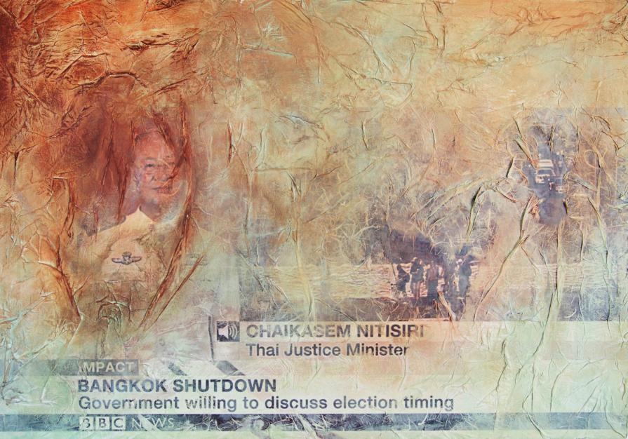 Shutdown ideas: acrilico, carte di riso e stampa su tela. 70x100cm