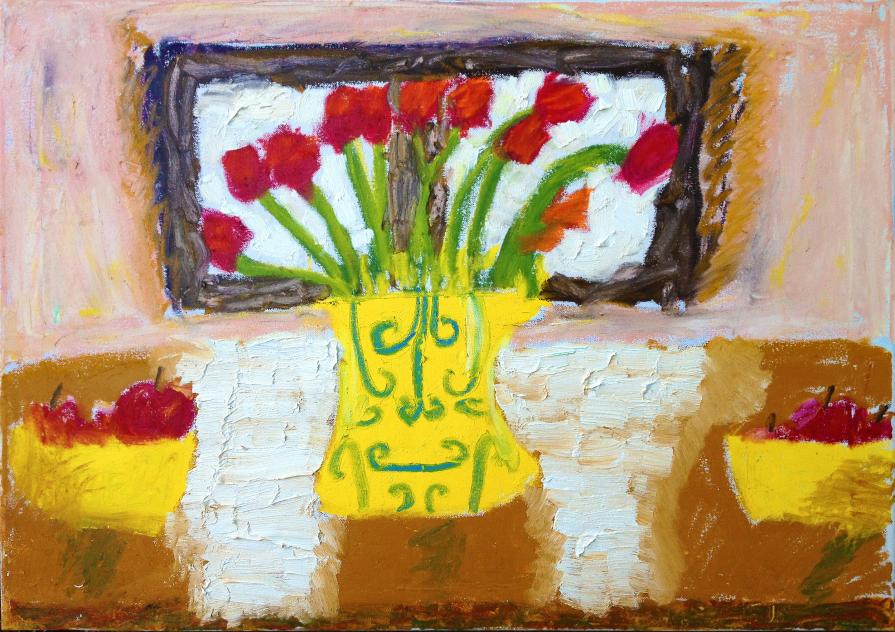Yellow vase with flowers and apples