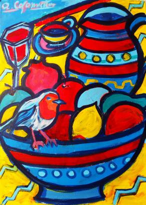 Caraffa, fruttiera e pettirosso - Jug, Fruit bowl and Robin Redbreast